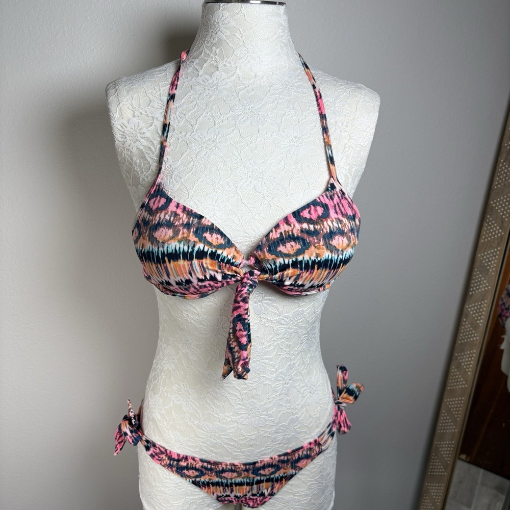 Ardene Women S Pink Bikini Set Boho Tribal Animal Print Halter Tie Side